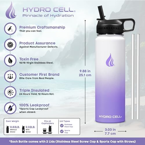 HYDRO CELL Stainless Steel Insulated Water Bottle with Straw - For Cold & Hot Drinks - Metal Vacuum Flask with Screw Cap and Modern Leakproof Sport Thermos for Adults (Lavender/White 24oz)