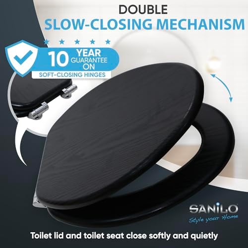 Sanilo Soft Close Toilet Seat ELONGATED, Quiet and Slow Close Lid and Seat, Strong Bumpers and Hinges, Black Wood