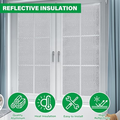 winemana Window Insulation Roll, 48IN x 10FT Reflective Heat Shield Bubble Film, Double-Sided Aluminum Foil Insulation, Weatherproof Garage Door Cover for Windows, RV, Basement, Winter & Summer