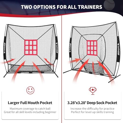 BAGAIL 7x7 ft Baseball & Softball Practice Net with Bow Frame for Batting, Hitting, Pitching, Portable Baseball Throwing Net with 2 Strike Zone Batting Tee, Carry Bag, Great for All Levels