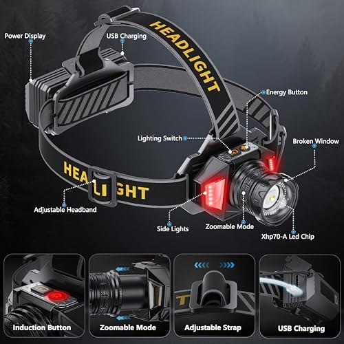 LED Headlamp Rechargeable，2000 High Lumens Head Lamp with 12 Modes & 90H Long Battery Life & Motion Sensor & IPX7 Waterproof,90° Adjustable Headlight for Outdoor Camping,Cycling,Hiking