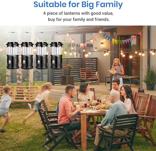 Etekcity Camping Lanterns for Power Outages 4 Pack, Flashlight for Camping Essentials, Emergency Led Battery Operated Lights, Survival Kit and Gear for Hurricane, Black