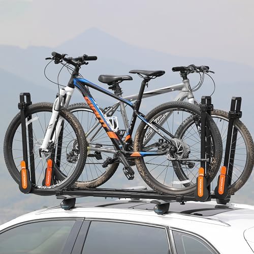 TOOENJOY Rooftop Bike Rack for Car SUV, Upright Roof Mount Bicycle Rack with 2 Arms for Movable Crossbar, 2 Bike Carrier
