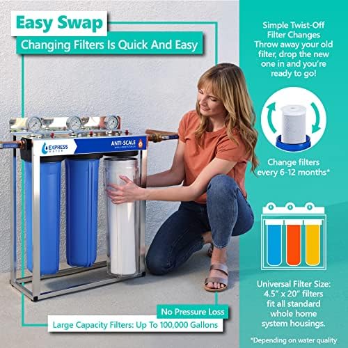 Express Water Whole House Anti Scale Filter Set – 3 Stage Filtration Water Conditioner Replacement Kit – Sediment, Carbon Block, Polyphosphate High Capacity Cartridge – 5 Micron – 4.5” x 20” inch