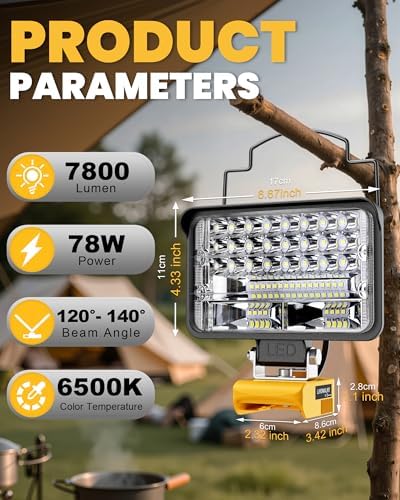 Cordless for Dewalt 20V Max LED Work Light, LIVOWALNY 78W 7800LM 5" 20V Battery Flashlights with USB & Type-C & Low Voltage Protection & 140° Pivoting Head for Emergency, Outdoors and Job Site Light