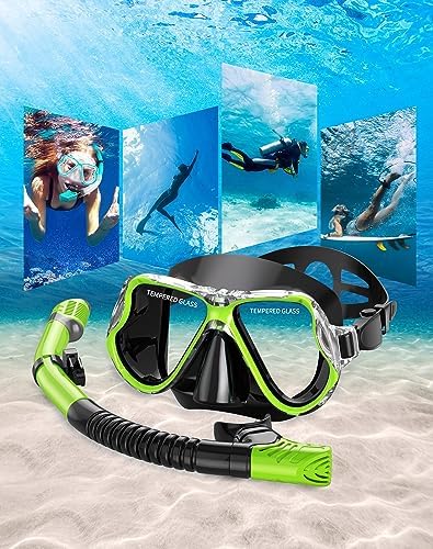 Greatever Dry Snorkel Set,Panoramic Wide View,Anti-Fog Scuba Diving Mask,Professional Snorkeling Gear