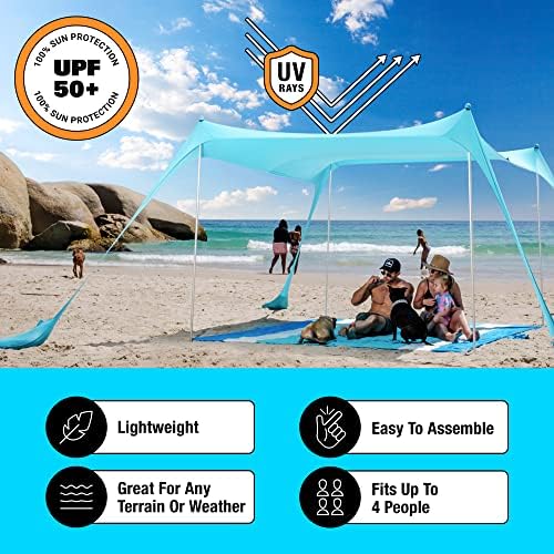 SUN NINJA Pop Up Beach Tent Sun Shelter UPF50+ with Sand Shovel, Ground Pegs and Stability Poles, Outdoor Shade for Camping Trips, Fishing, Backyard Fun or Picnics (7x7.5 FT 4 Pole, Green)