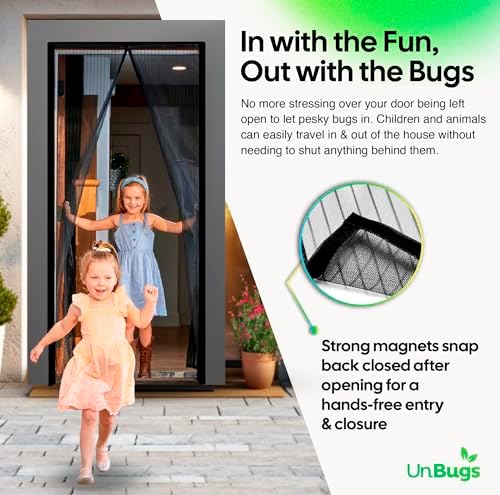 UnBugs Magnetic Screen Door - Fits Doors up to 34 x 82 Inches Max (Item Size 36 x 83) - Pet & Kid Friendly Self-Closing - Hands Free Magnet Closure - Bugs Out & Breeze In