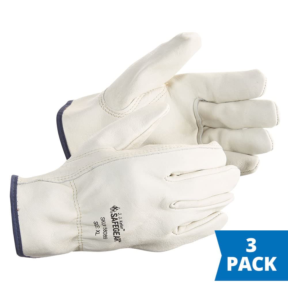 SAFEGEAR 3-pk. Cowhide Leather Work Gloves with Keystone Thumb - XL Driver Safety Gloves for Men or Women - For Truck Driving, Construction, Welding, Gardening & More - J. J. Keller & Associates