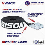 BISON GEAR Premium Tie Down Straps - (Car Roof Rack Straps for Surfboard Kayak or Cargo Lashing) 16ft Heavy Duty Cam Straps with Buckles - 4 Pack