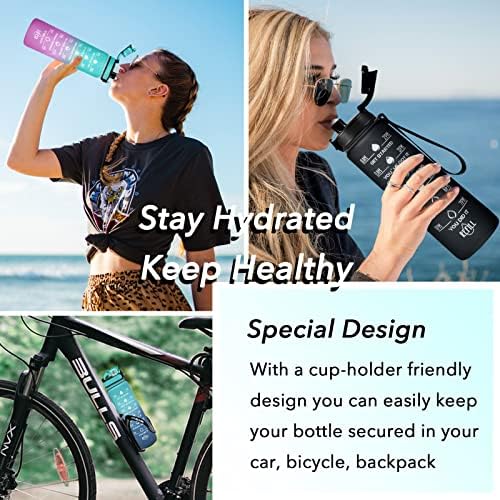 Enerbone Water Bottle, Leakproof BPA & Toxic Free, Motivational Water Bottle with Times to Drink and Straw, Fitness Sports Water Bottle with Strap for Office, Gym, Outdoor Sports