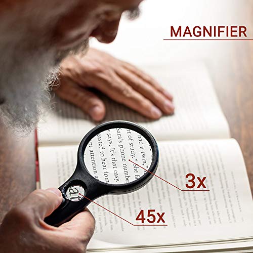 SeeZoom Lighted Magnifying Glass 3X 45x Magnifier Lens - Handheld Magnifying Glass with Light for Reading Small Prints, map, Coins and Jewelry - LED Seniors Magnifier for Close Work