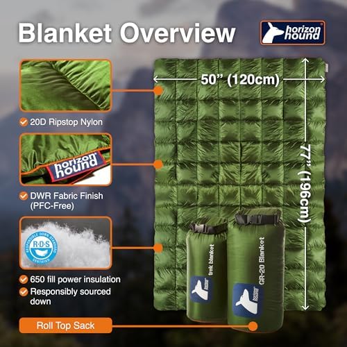 Horizon Hound Down Camping Blanket - Outdoor Travel Quilt | Sustainable, Insulated, Lightweight & Warm Gear for Sleep, Camping, Stadium, Hiking & Festivals | Water Resistant, Packable & Compact
