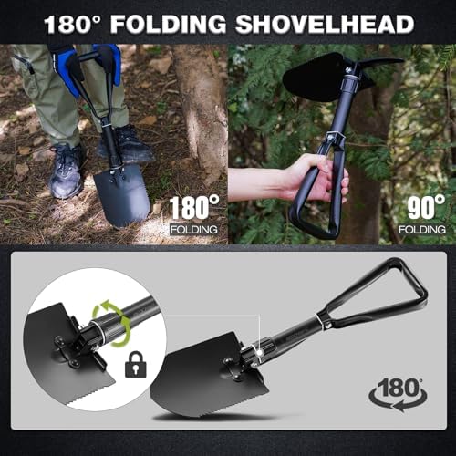 REDCAMP 23" Military Folding Camping Shovel w/Cover,Portable Shovel with High Manganese Steel, Tactical Entrenching Tool Tri-fold Handle Shovel for Camping Hiking Sand Mud Snow Beach, Black 2.5Lbs