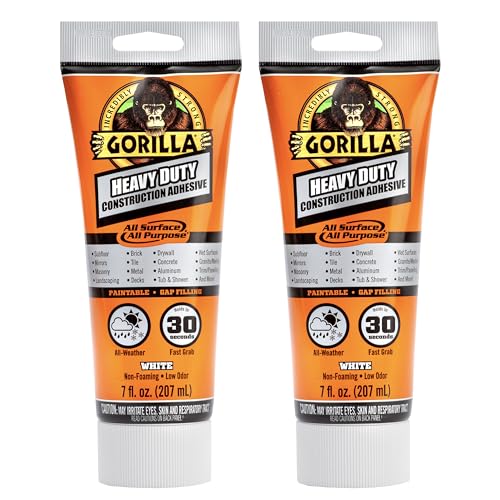 Gorilla Heavy Duty Construction Adhesive, White Glue, 7 Ounce Squeeze Tube (Pack of 2) - Gap Filling and Waterproof