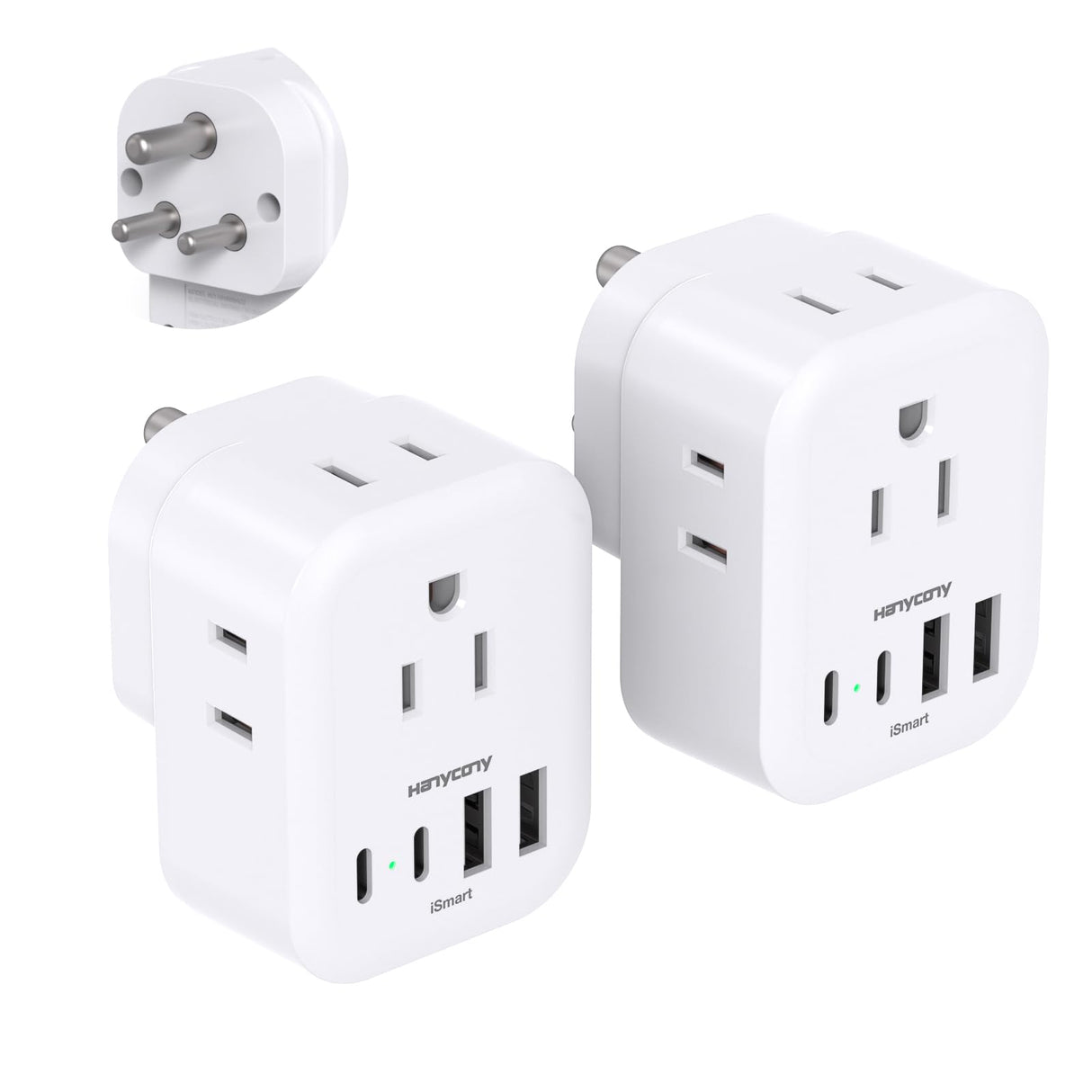 2 Pack US to India Plug Adapter, HANYCONY Type D Travel Plug Adapter with 4 Outlets 4 USB Charger (2 USB C Ports), India Power Adapter for USA to India, Bangladesh Maldives Pakistan Nepal Sudan
