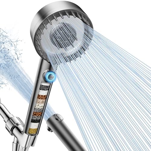 Filtered Shower Head with Handheld, High Pressure 4 Spray Mode Showerhead with Filters, Water Softener Filter Beads for Hard Water with ON/OFF Switch for Pets Bath-Remove Chlorine (Deep Gray)
