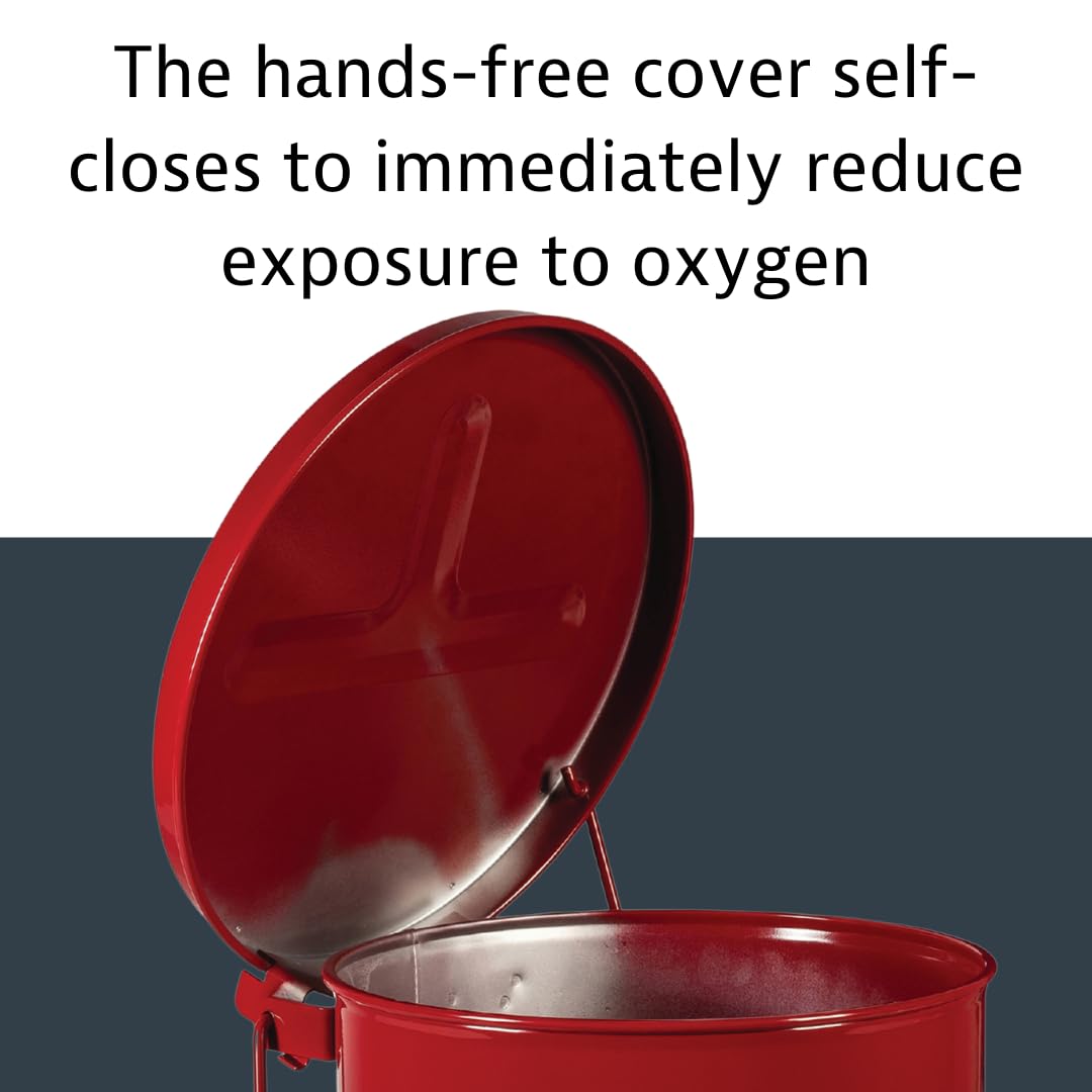 Justrite 10 Gallon Galvanized Steel Oily Waste Can, 18" x 14" Metal Oil Rag Safety Can With Foot Operated Self-Closing Lid for Oil Rag Disposal, Made in the USA, Red, 09300