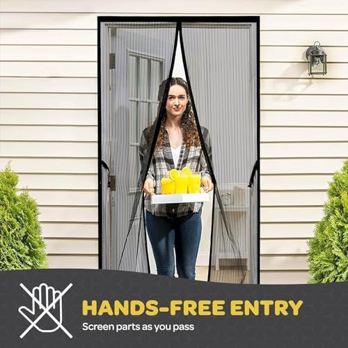 Hands-Free Magnetic Screen Door, Heavy Duty, Self Sealing Screen Door Mesh Protector, Pet and Kid-Friendly, Stay-Open Buckle, Keeps Bugs Out While Letting Nature in, Fits Door Size (32" x 82")