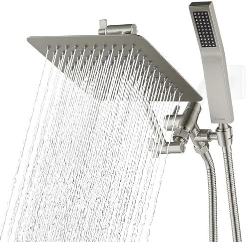 G-Promise All Metal 8 Inch Dual Square Shower Head with Handheld Combo, Rain Shower Head, Adjustable Extension Arm, Smooth 3-Way Diverter, 71 Inch Extra Long Hose - A Bathroom Upgrade (Brushed Nickel)