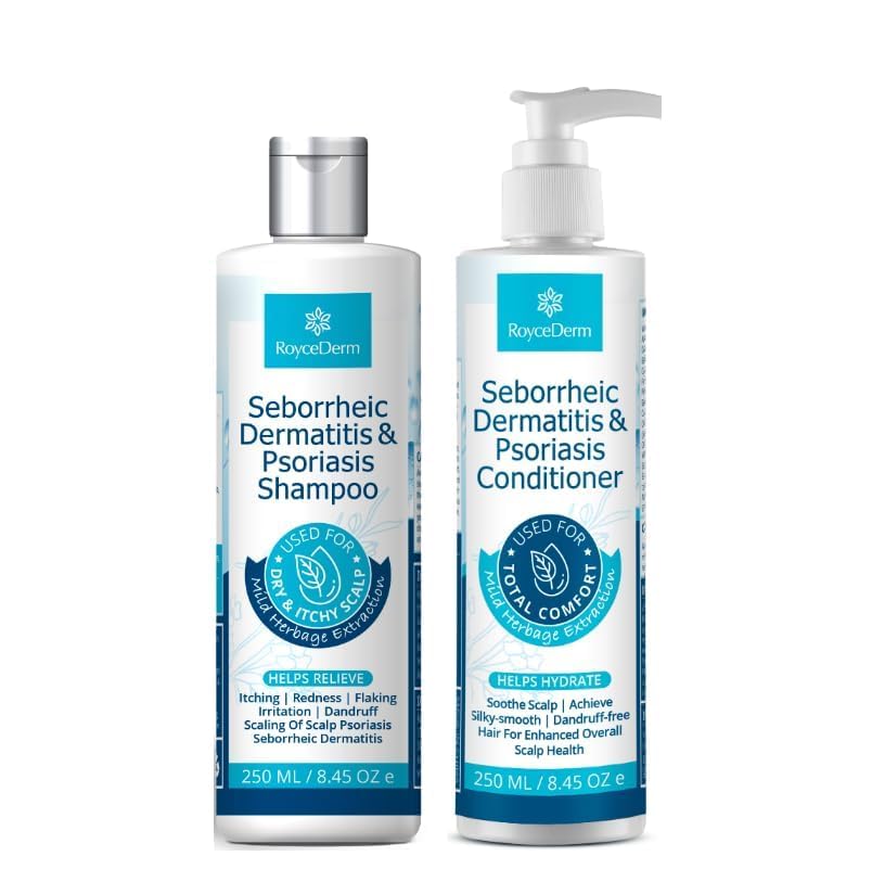 Roycederm Seborrheic Dermatitis & Psoriasis Shampoo and Conditioner Set - Effective Scalp Treatment for Folliculitis, Psoriasis, Dandruff, Dry Itchy Scalp - Soothing, Moisturizing Herbal Formula