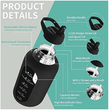 CIVAGO 64 oz Glass Water Bottle Jug with Straw and Handle, Half Gallon Sports Motivational Bottle with Time Marker and 2 Lids, Large Flask Canteen with Silicone Sleeve for Gym, Navy