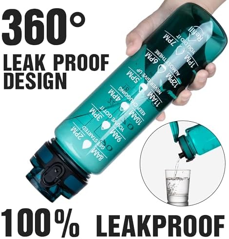 OLDLEY Water Bottle, 32oz Motivational Sports Water Bottle with Time Marker - Times to Drink - Tritan, BPA Free, Wide Mouth Leakproof, Deep Sea (1 Bottle)