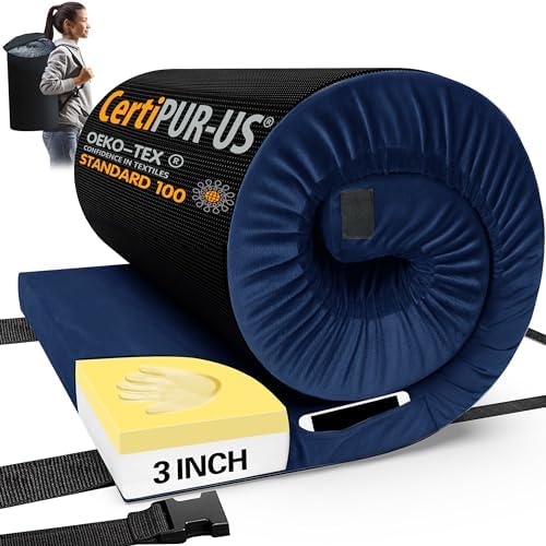 CYMULA Memory Foam Camping Mattress Pad, CertiPUR-US Sleeping Mat, Portable Roll Up Mattress for Adults, Camping Bed Pads for Sleepover, Car Bed with Travel Bag