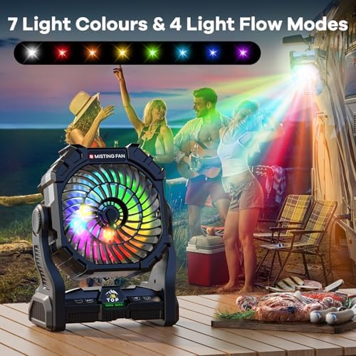 Misting Fan Portable with RGB Lantern, 12000 mAh Rechargeable Camping Mist Fan with Emergency Battery Power Bank Hurricane Supplies, Perfect Cooling Mister for Outdoor Travel