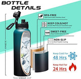 Vacuum Insulated Water Bottle 40oz - with Straw & Spout Lids, Paracord Handle, Shoulder Carrier Bag, Sport Stainless Steel,Double-Wall Metal Water Bottle Thermo Hydro Mug Flask