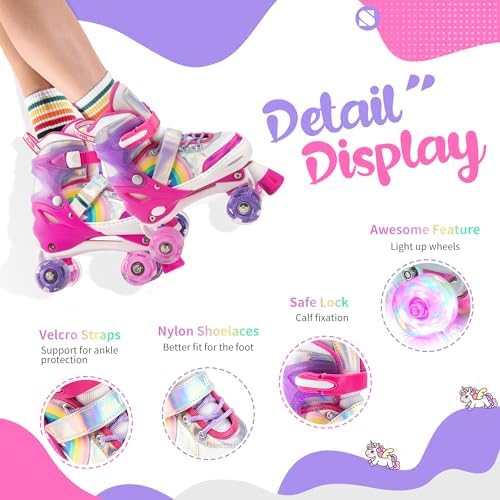 SULIFEEL Rainbow Unicorn 4 Size Adjustable Light up Roller Skates for Girls Boys for Kids