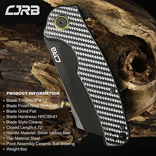 CJRB Crag Folding Pocket Knife, 3.43" AR-RPM9 Steel Blade Carbon Fiber Handle EDC Knife with Pocket Clip for Men Women Camping Survival Hiking, Grey (J1904)