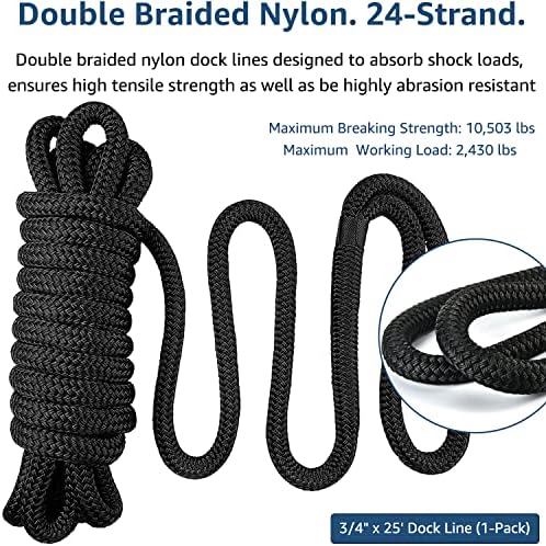 3/4" x 25 ft Nylon Dock Lines - Double Braid, 16" Loop, Premium Boat Dock Ropes - Black, 1 Pack