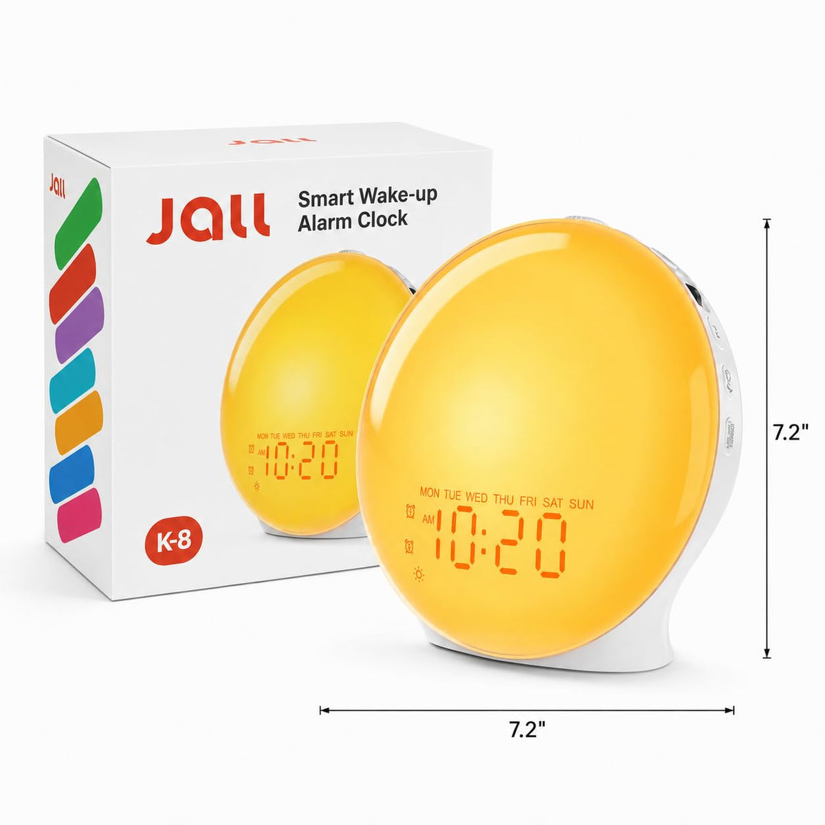 JALL Full-Screen Wake Up Light Sunrise Alarm Clocks for Bedrooms, White Noise Machine for Heavy Sleepers, 25 Natural Sounds, Dual Alarms, FM Radio, 17 Dimmable Colors, Bluetooth Speaker