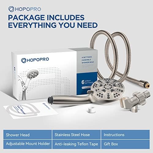 6-Mode High Pressure Handheld Shower Head Set, Consumer Reports Recommended HOPOPRO High Flow Hand Held Showerhead with 59 Inch Hose Bracket Teflon Tape Rubber Washers