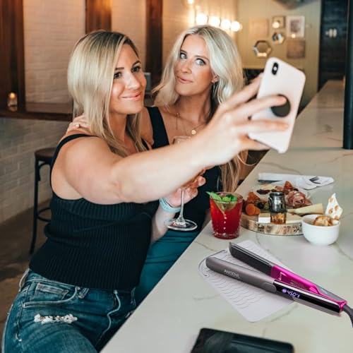 ANGENIL Pro Titanium Flat Iron Hair Straightener and Curler 2 in 1, Dual Voltage - Hair Straightening Ceramic Flat Iron 1-inch with Anti-Scald Heat Resistant Silicone Mat Facial Cleansing Brushes, Lcd