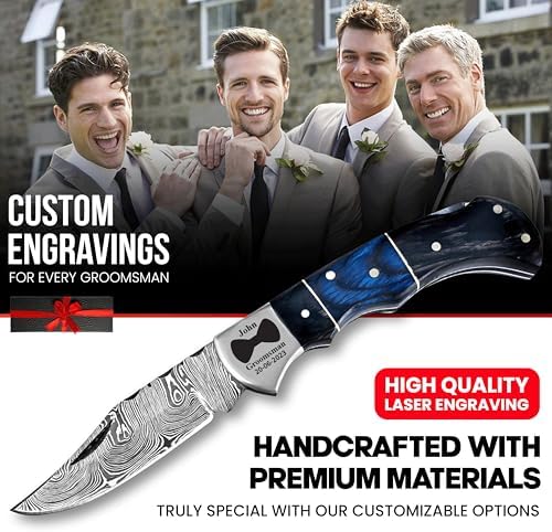 Set of 6 - Personalized Damascus Pocket Knife for Groomsmen -With Leather Sheaths - Custom Engraved Pocket Knives | Groomsman Gifts for Wedding, Groomsmen Proposal Gifts