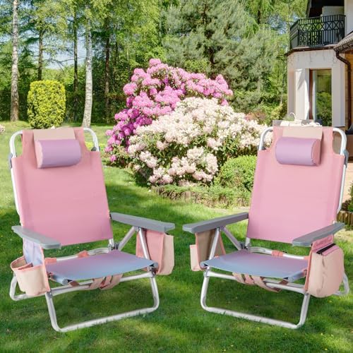 Giantex Folding Beach Chair, Patio Sling Chairs with 5 Adjustable Position, Head Pillow, Storage Bag, Towel Bar, Cup Holders, Backpack Chairs for Sunbathing, Camping Chair