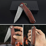 AUBEY Damascus Folding Pocket Knife Handmade with Clip for Men, Damascus Hunting Knife EDC Knife with Liner Lock for Outdoor Survival Camping Collection, Wooden Handle