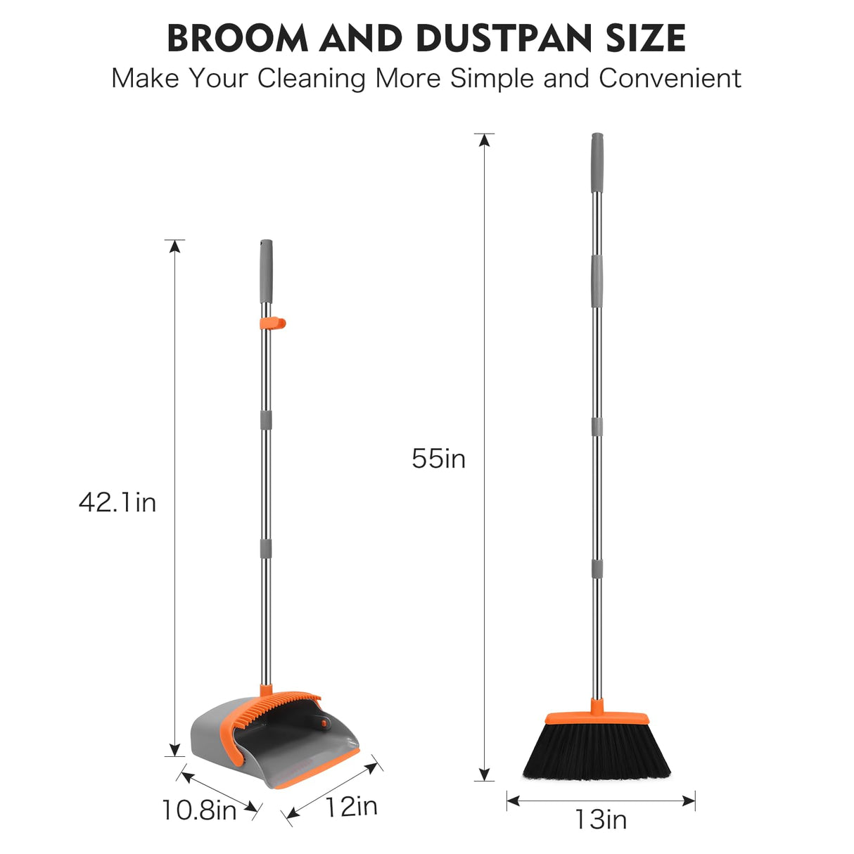 NACENA Broom and Dustpan Set, 55-in Long Adjustable Handle Broom Dustpan Combo with Dustpan Teeth to Automatically Clean Hair Suitable for Home Kitchen Office Hall Floor, Large(Grey&Orange)