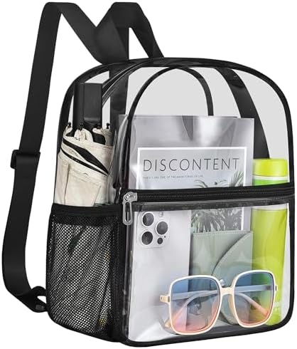 Clear Backpack Stadium Approved 12×12×6 Clear Mini Backpack Small Transparent Backpack for Concert, Beach, Work, Travel & Sporting（Black）