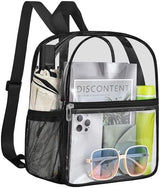 Clear Backpack Stadium Approved 12×12×6 Clear Mini Backpack Small Transparent Backpack for Concert, Beach, Work, Travel & Sporting（Black）