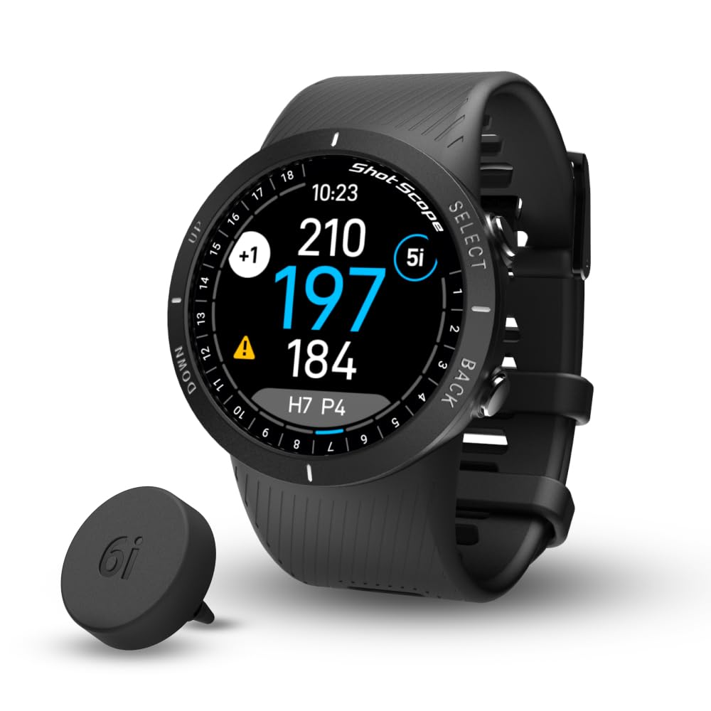 Shot Scope V5 GPS Watch, Shot Tracking, 36k+ Preloaded Courses, Full Course Maps, No Subscription, Black Bezel and Black Strap