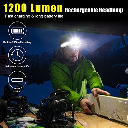 EXIN DECHEN LED Headlamp Rechargeable, 1200 Lumen Super Bright Headlamp Flashlight, 270° Wide Beam LED Headlamps with Red Taillight, 8 Mode Lightweight Waterproof Head Lamp