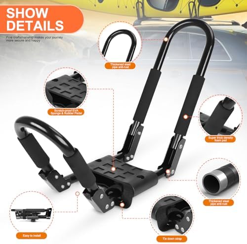 Folding Kayak Roof Rack 2 Pairs, 4pcs J-Bar Car Roof Racks for Kayak, Canoe, Paddle Boards, Skiboard, Surfboard, Foldable Kayak Roof Carrier for Car, SUV, Truck, Black (Folding Kayak Rack)