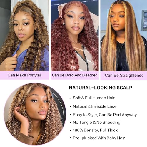 Ijowa 13x4 Highlight Ombre Deep wave Lace Front Wigs Human Hair P4/27 Colored HD Transparent Honey Blonde Curly Lace Frontal Wigs Pre Plucked 180% Density with Baby Hair 26inch