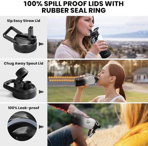 Insulated Water Bottle 32 oz, Triple Wall Vacuum Stainless Steel (Cold for 48 Hrs), Leak Proof & Non-BPA, Modern Water Flask Jug with Paracord Handle & Straw Spout Lids, Ombre: White/Black