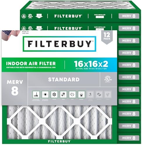 Filterbuy 16x16x2 Air Filter MERV 8 Dust Defense (12-Pack), Pleated HVAC AC Furnace Air Filters Replacement (Actual Size: 15.50 x 15.50 x 1.75 Inches)