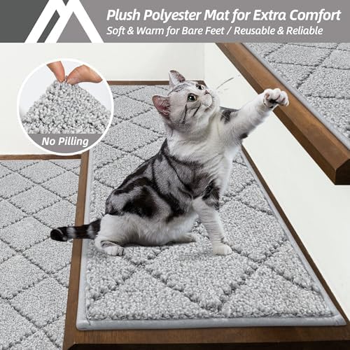 COSY HOMEER Edging Stair Treads Non-Slip Carpet Mat 28inX9in Indoor Stair Runners for Wooden Steps, Edging Stair Rugs for Kids and Dogs, 100% Polyester TPE Backing (10pc, Grey)