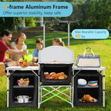 Seeutek Camping Kitchen Table Aluminum Portable Outdoor Cooking Table Foldable Camp Table with Windscreen and 3 Storage Cupboards Multifunctional for BBQ, Party & Outdoor Activities
